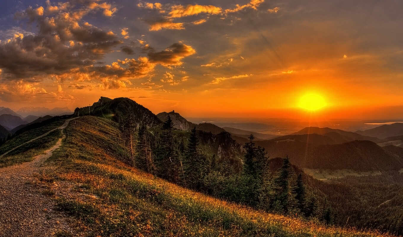 nature, sky, flowers, view, sun, sunset, trace, rays, mountains
