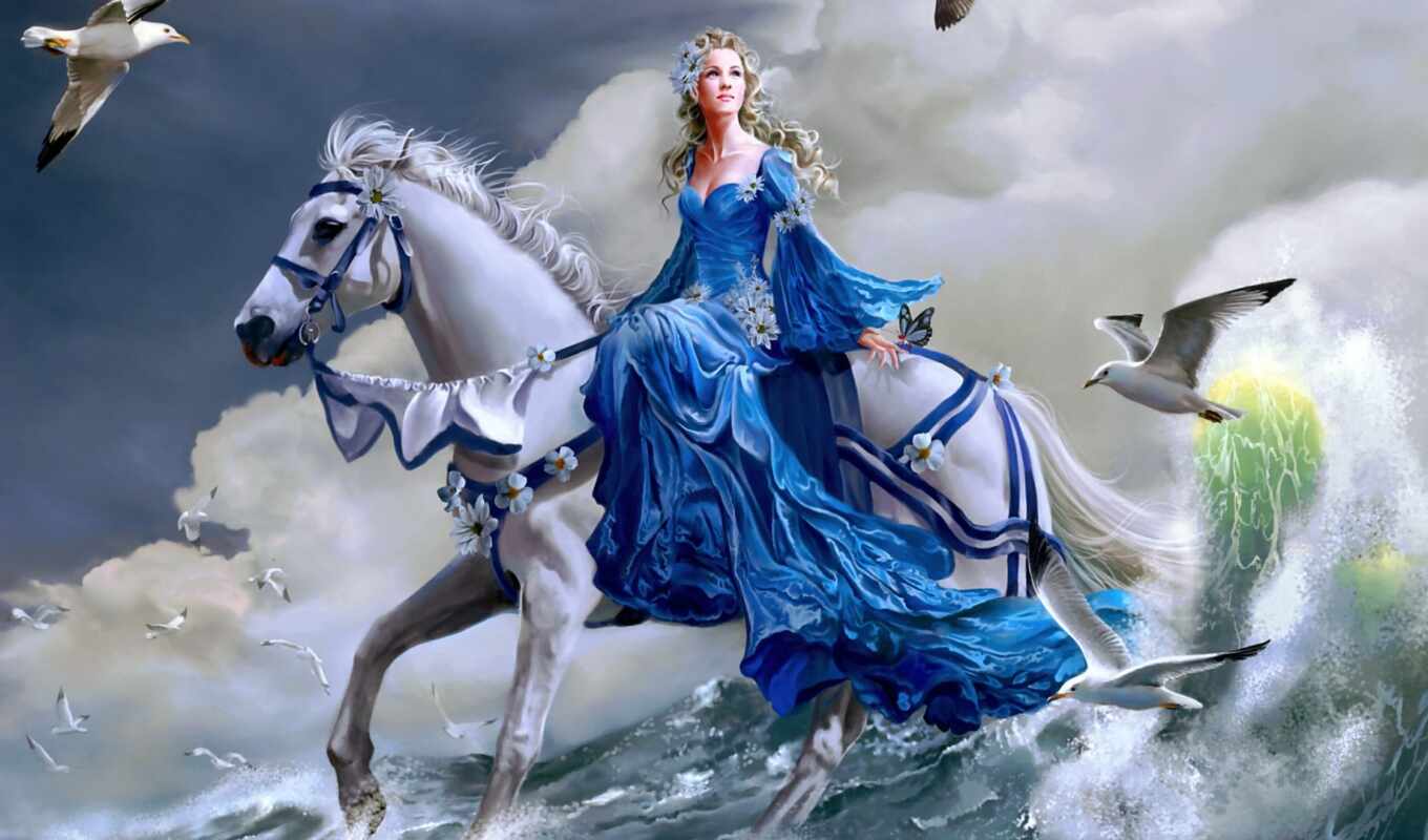 девушка, лошадь, diamond, море, платье, лошади, вышивка, крестом, devushki, синем, зодиака