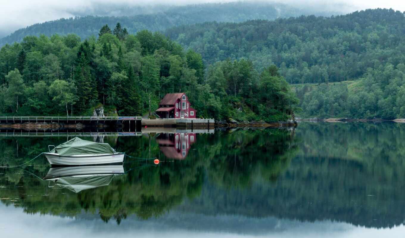 озеро, house, дерево, landscape, биг, красавица, sunlight, туман, лодка, fore