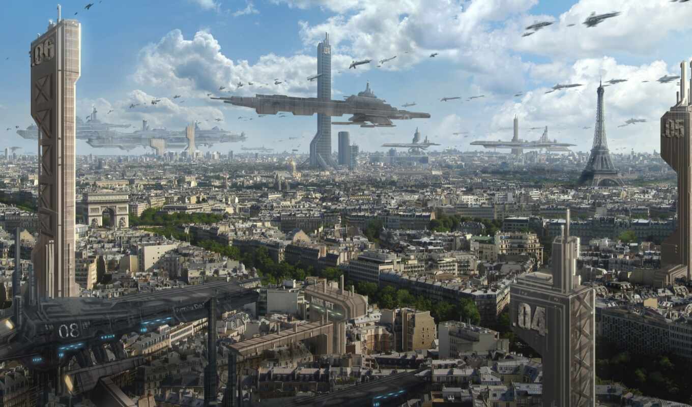 город, париж, башня, будущее, арт, eifelevyi, astrokevin