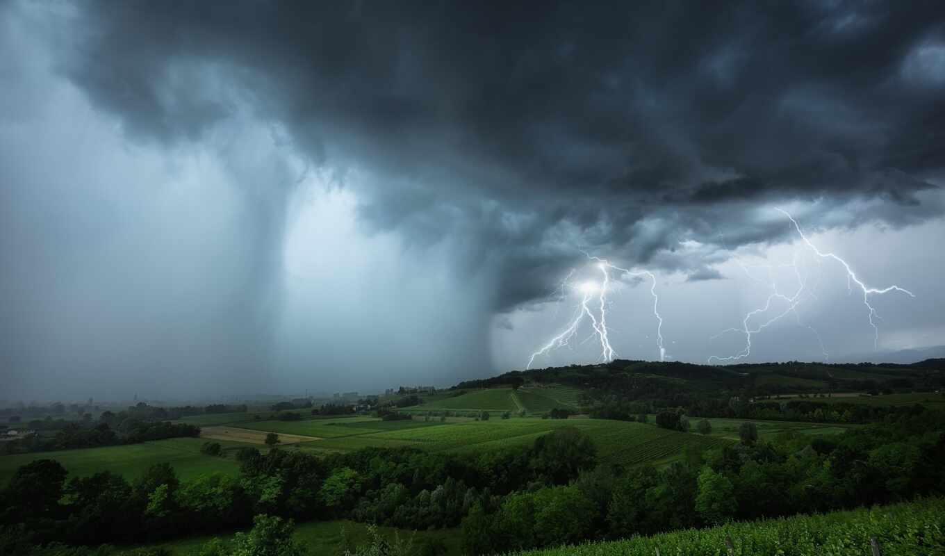 буря, поле, облако, lightning, funart