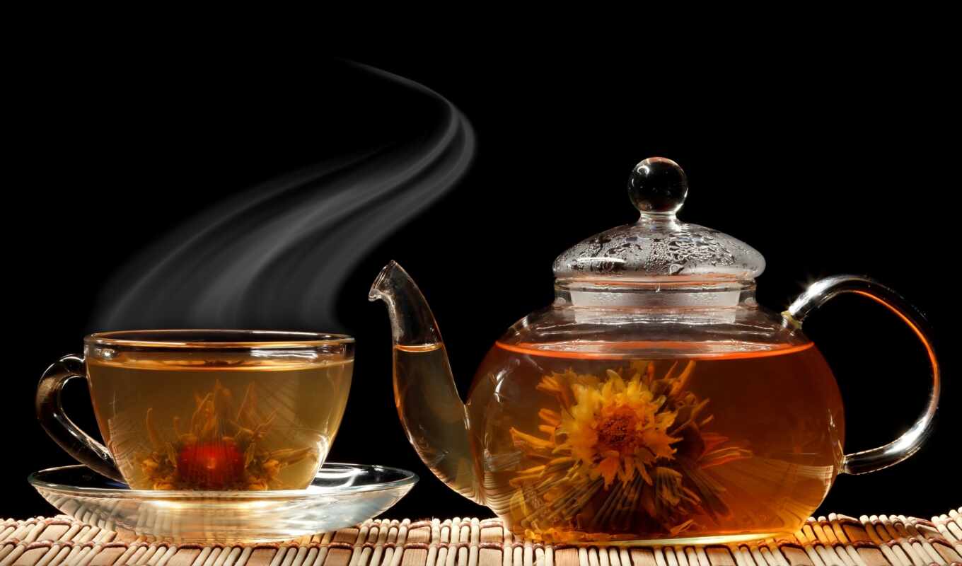 black, flowers, cup, tea, dish, tea, teapot