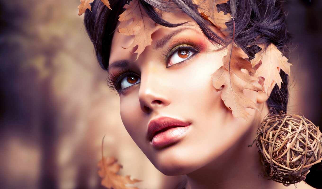 девушка, изображение, листья, фотосессии, осень, пасть, макияж