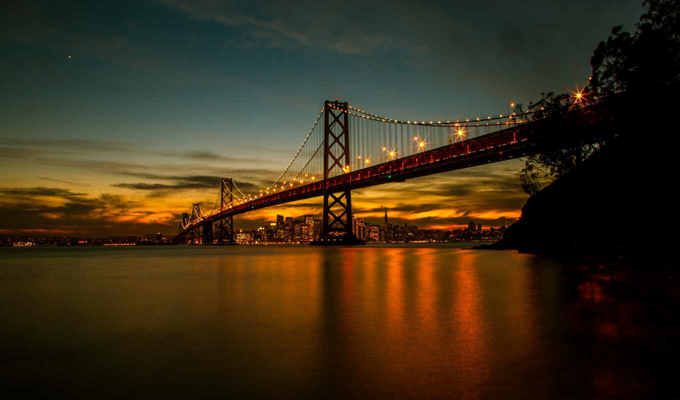 night, Bridge, landscape, lights, San, francisco, bay, to you, California