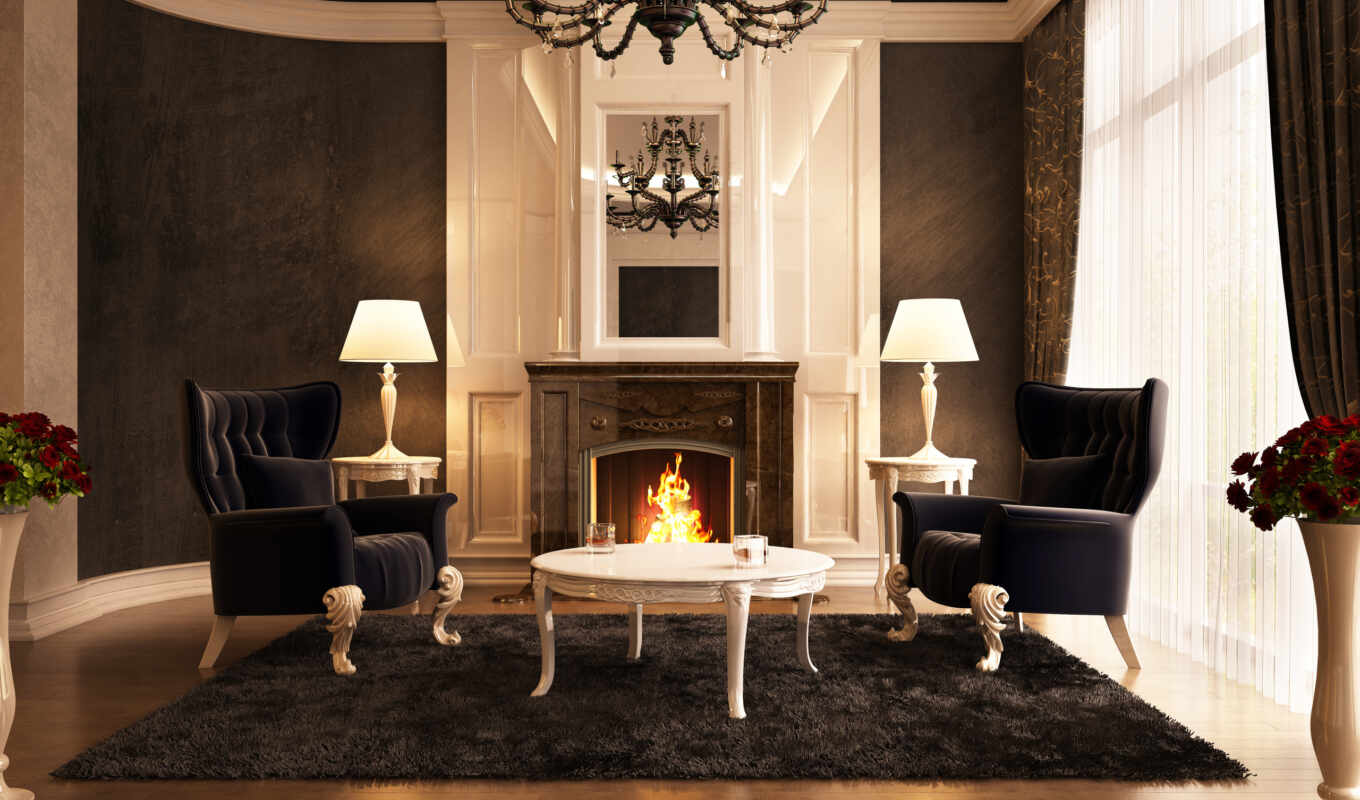 room, beautiful, fireplace, fire, interior, table, living, chairs, carpet, chandelier, room