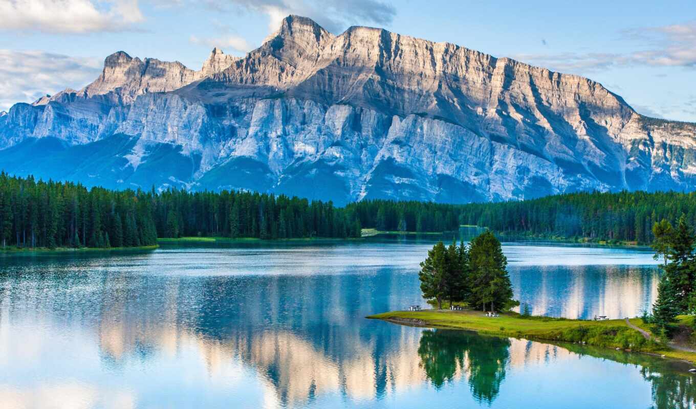 озеро, изображение, канада, альберта, jack, park, mountains, national, два, banff