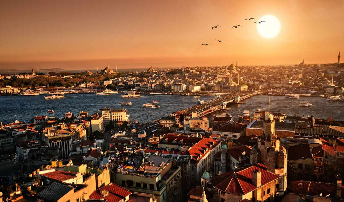 закат, город, вечер, мост, turkey, istanbul, которых, galata, стамбуле