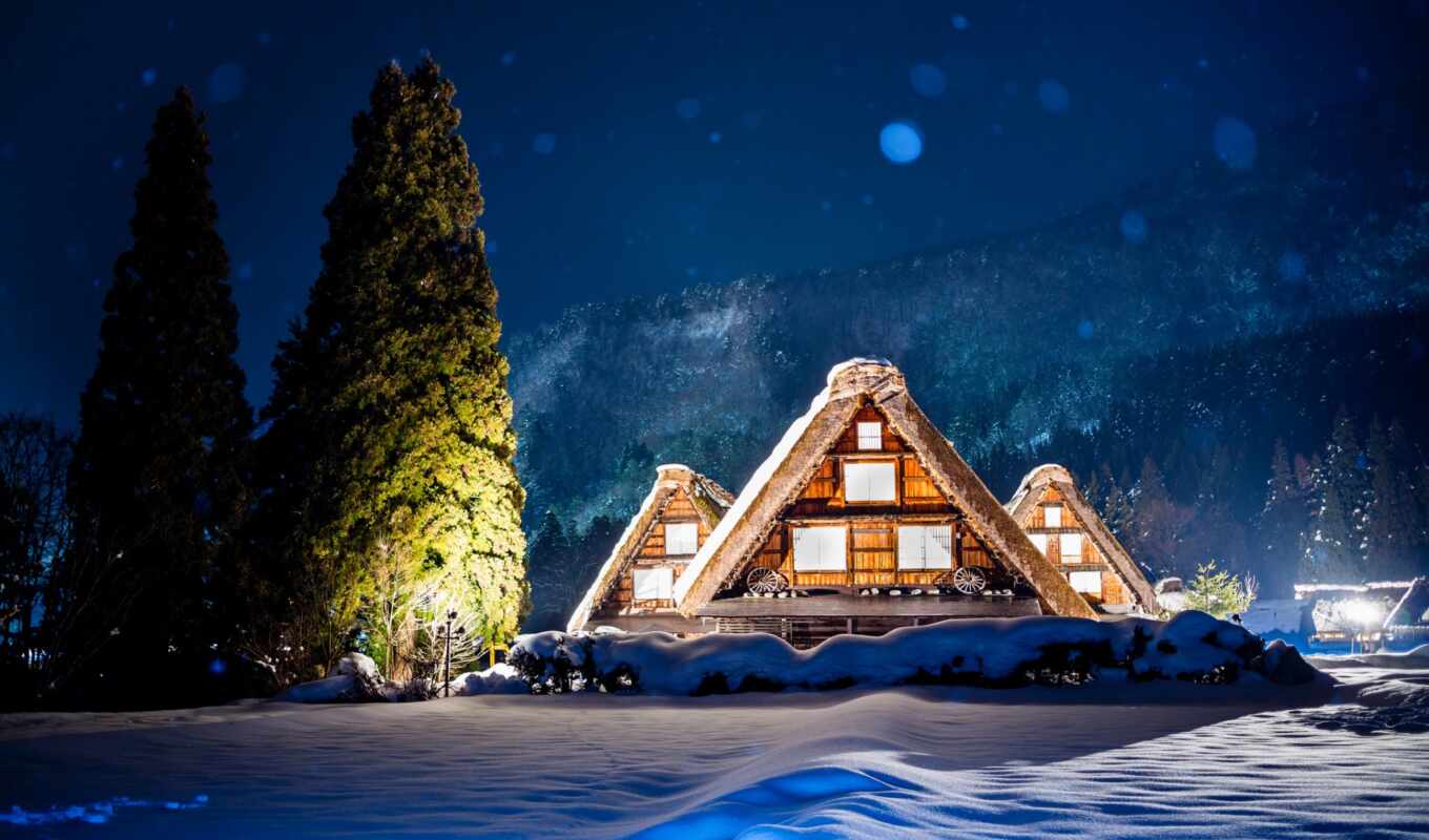 house, снег, winter, вечер, огни, houses, горы