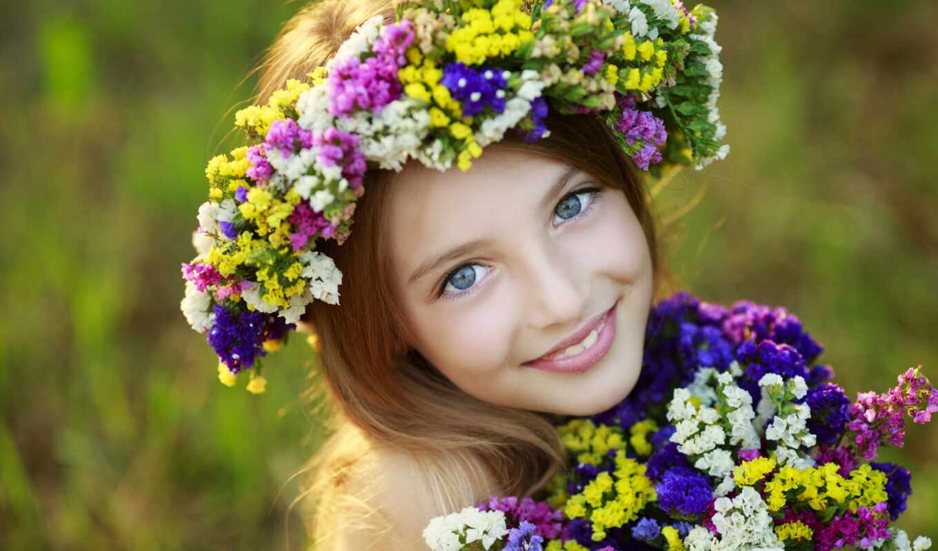 flowers, girl, field, a wreath, blue - eyed