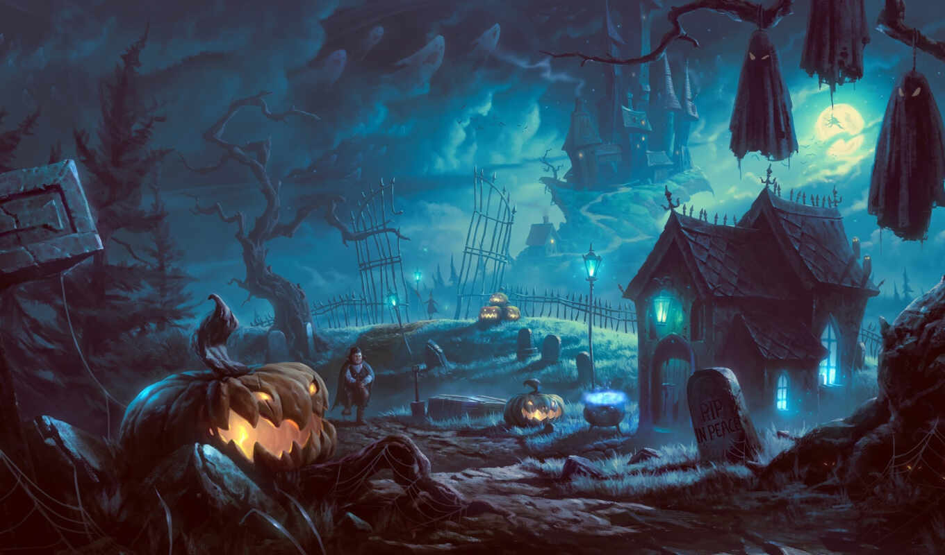 art, house, night, moon, halloween, mice, pumpkin, volatile, pumpkins