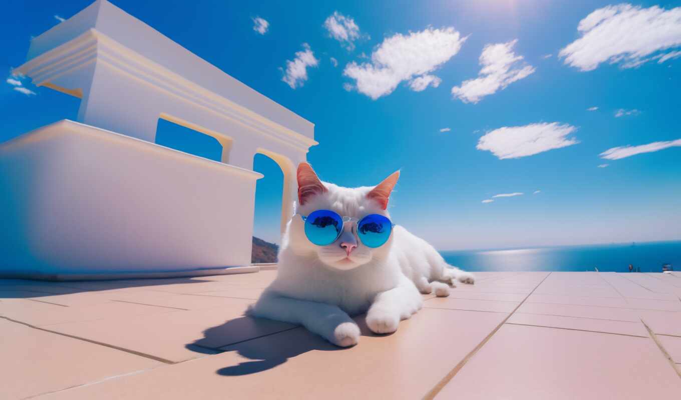 sky, art, cat, sunglasses