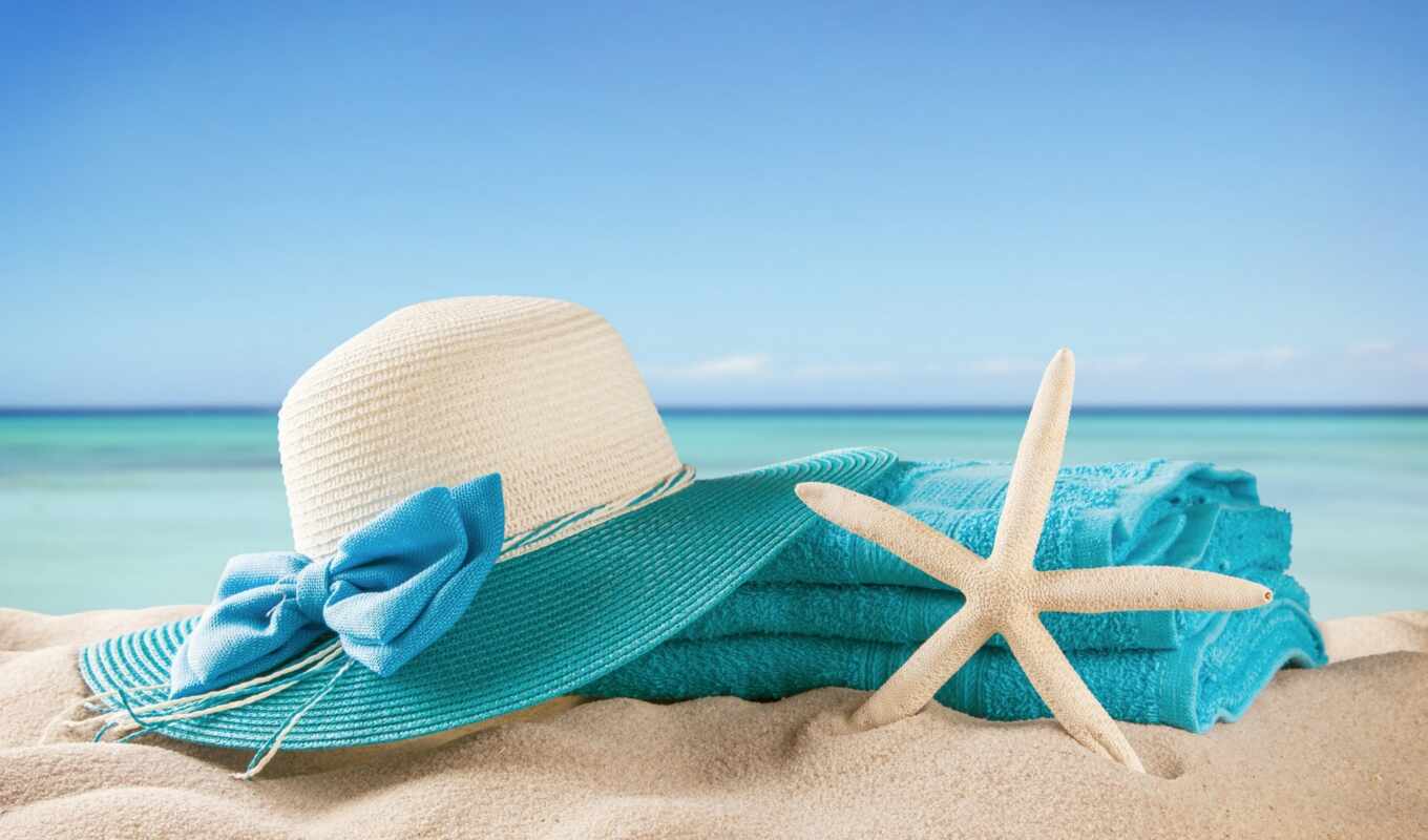 hat, beach, sea, towel