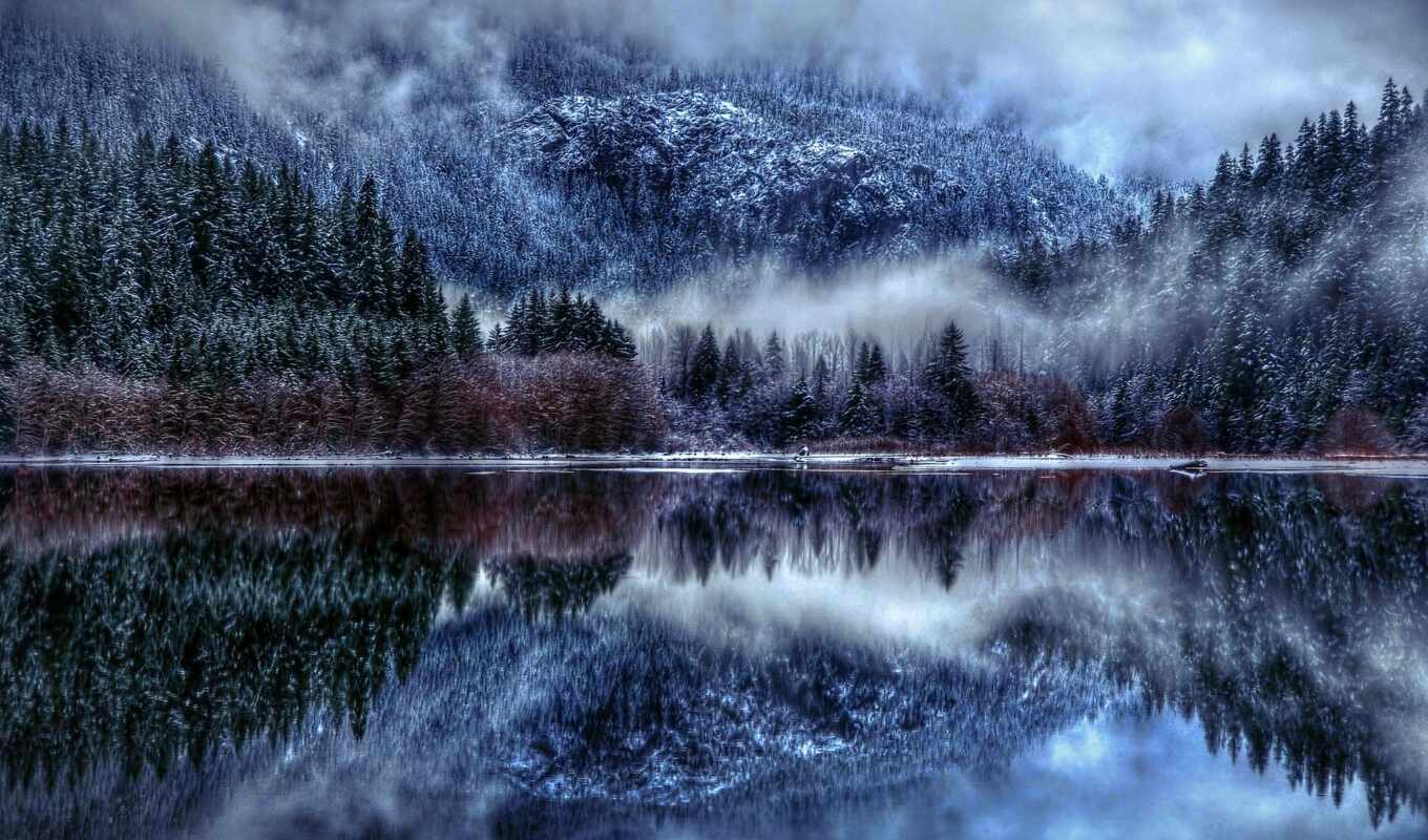 озеро, природа, снег, winter, лес, туман, горы