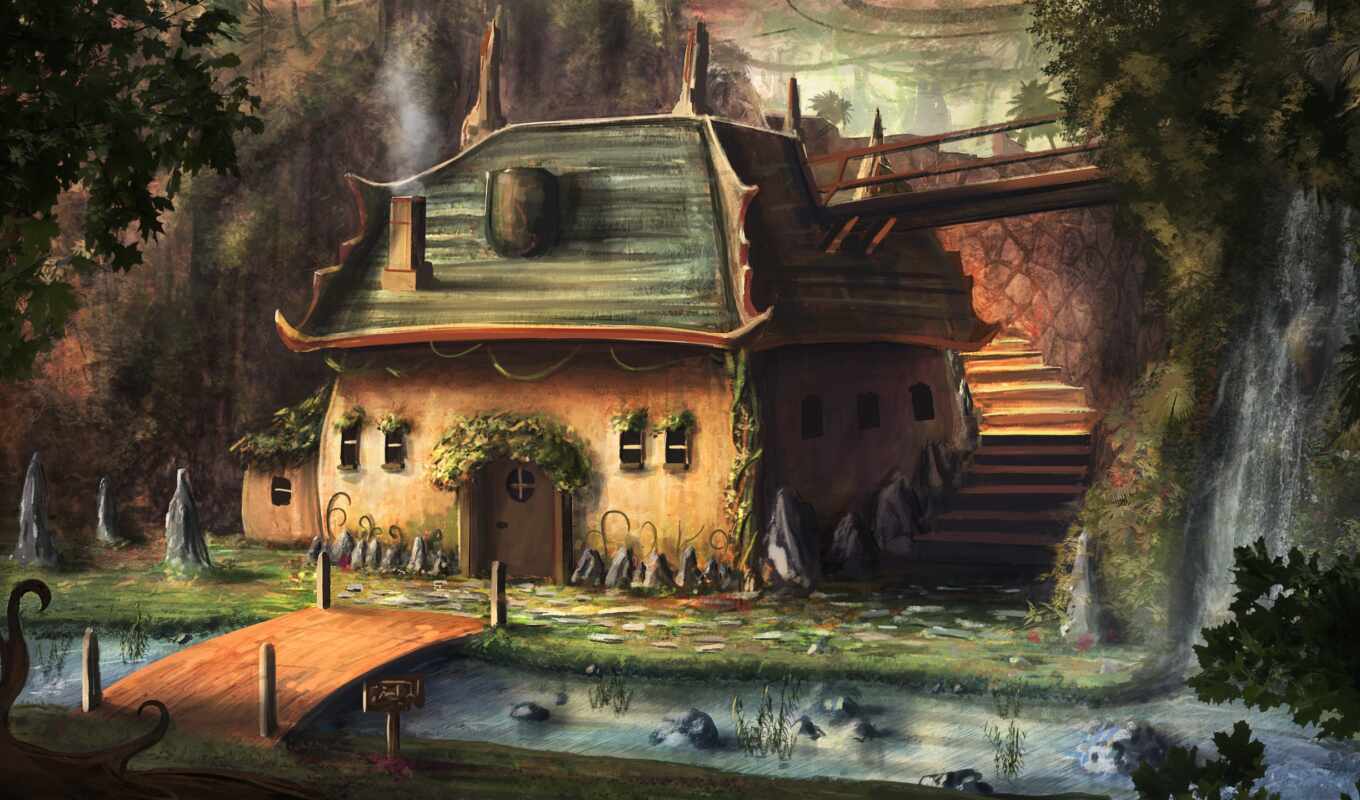 house, lodge, river, art