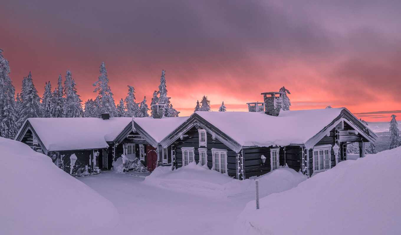 nature, sky, red, tree, snow, winter, landscape, lodge, morning, allan