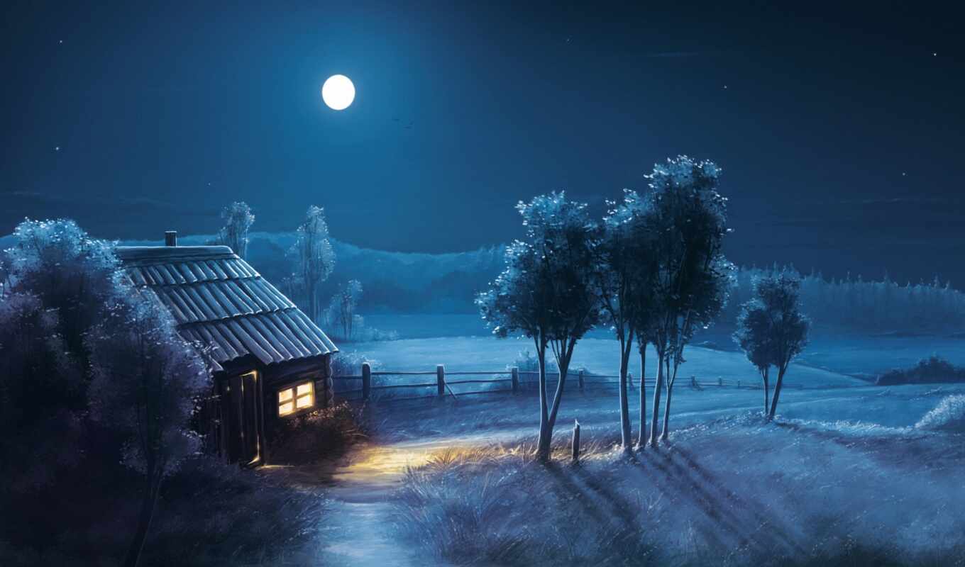 house, ночь, луна, поле