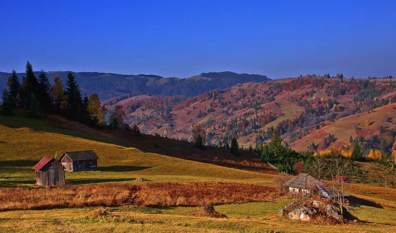 sky, page, autumn, romanian, trees, hut, houses, ukrainian, mountains, hills, carpathians