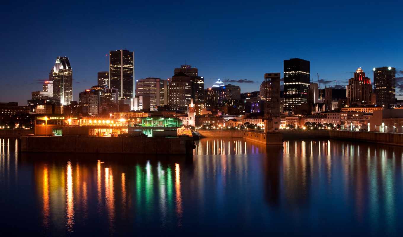 city, building, Canada, river, midnight, time, montreal, kartinik
