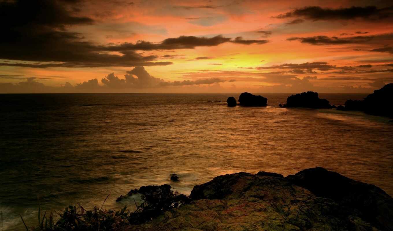 sky, sunset, water, evening, sea, ocean, panorama, cloud, stones, rocks