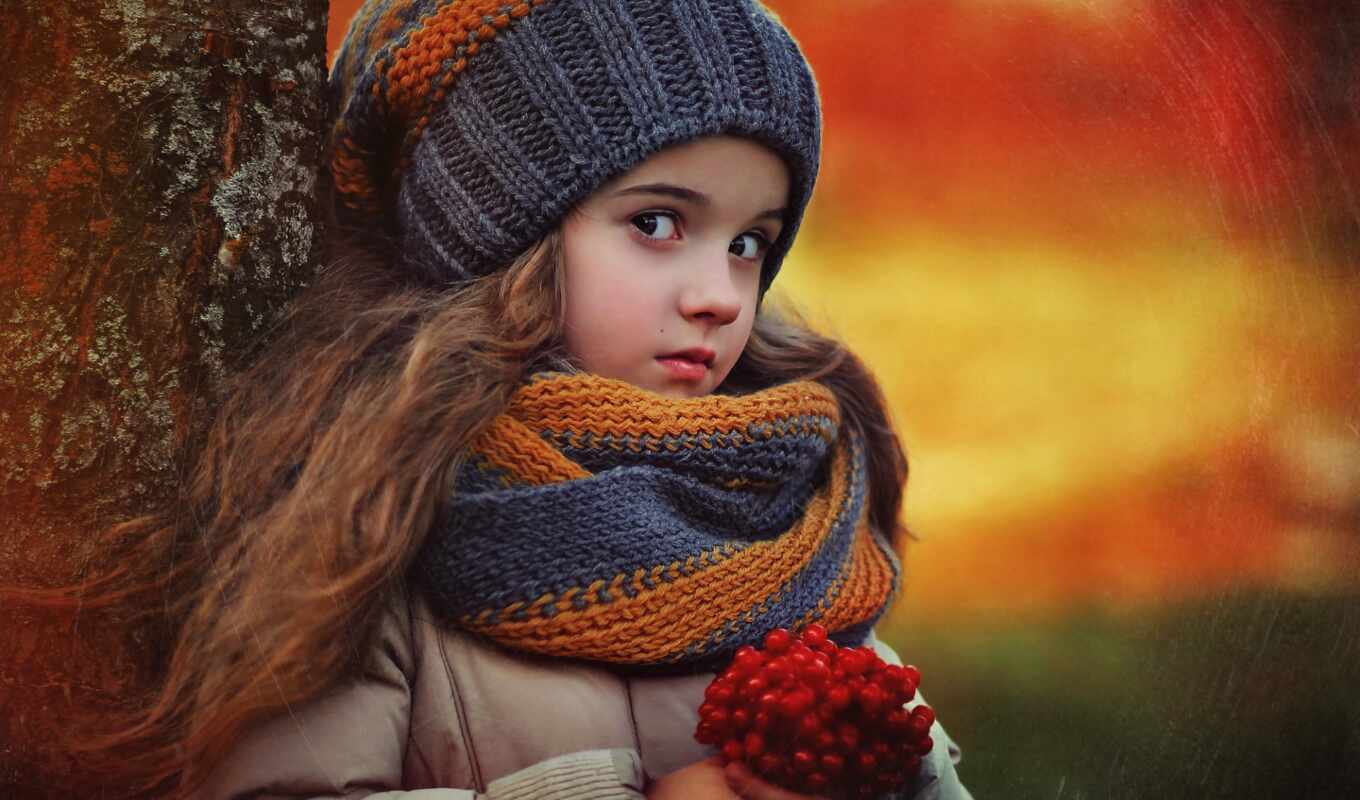 природа, шляпа, девушка, one, осень, ребенок, ягода, шарф