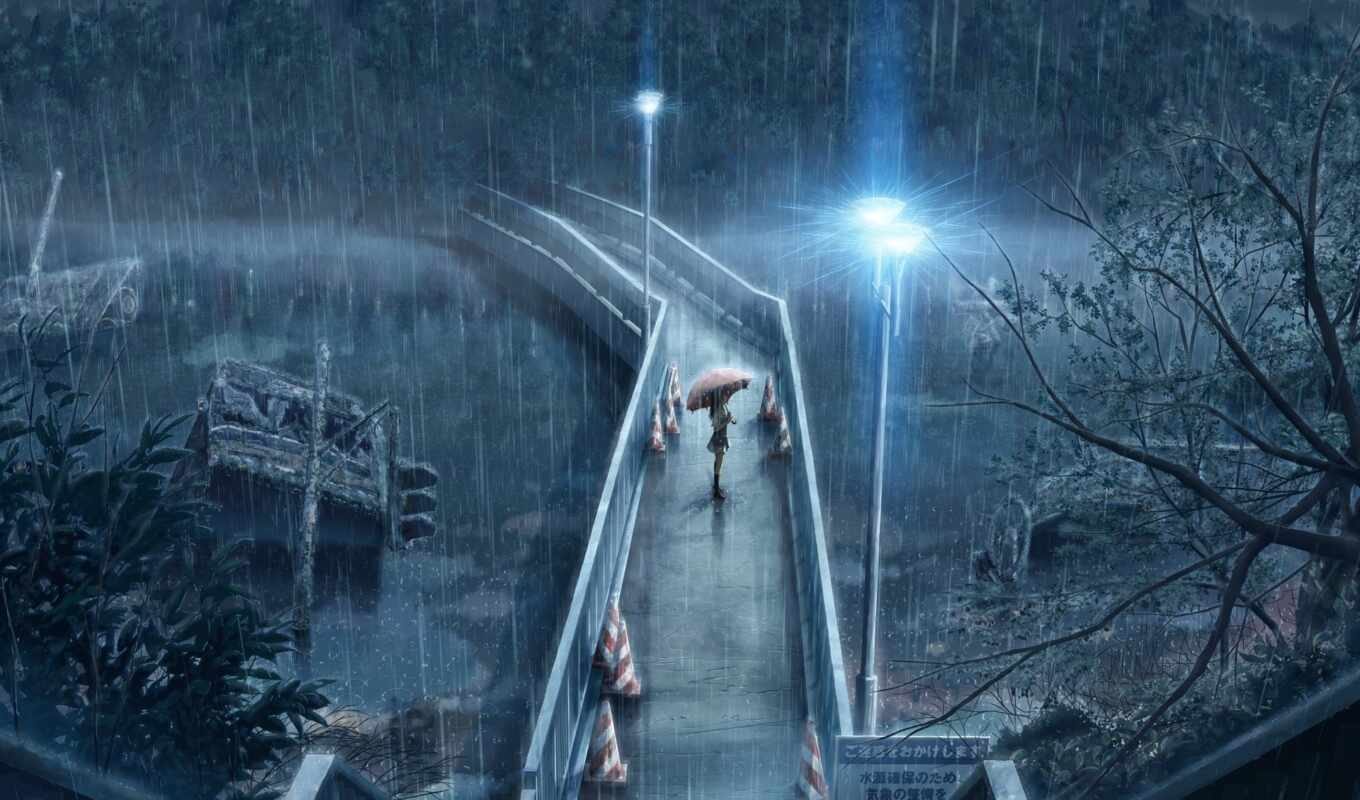 девушка, дождь, anime, мост, высоком, день, проливной, rainy, фонари