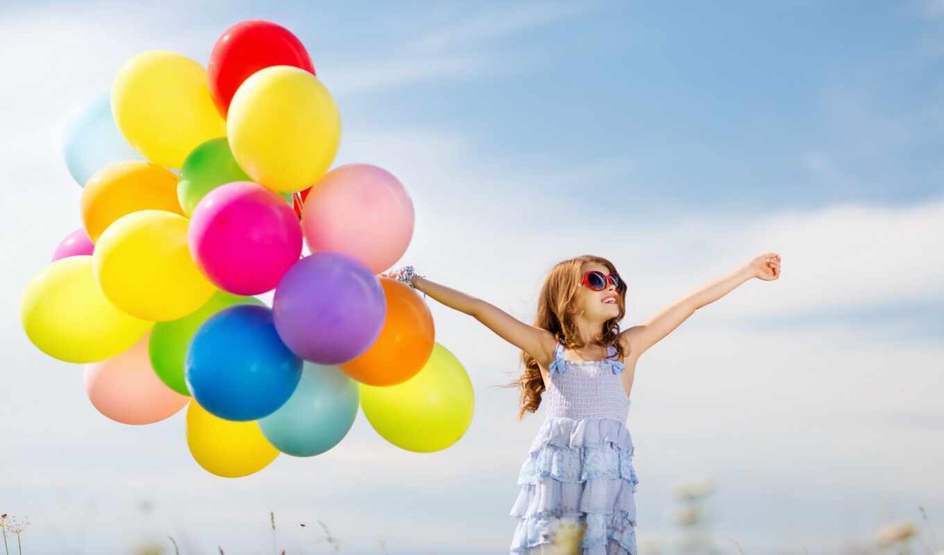 girl, colorful, stock, happy, balloons