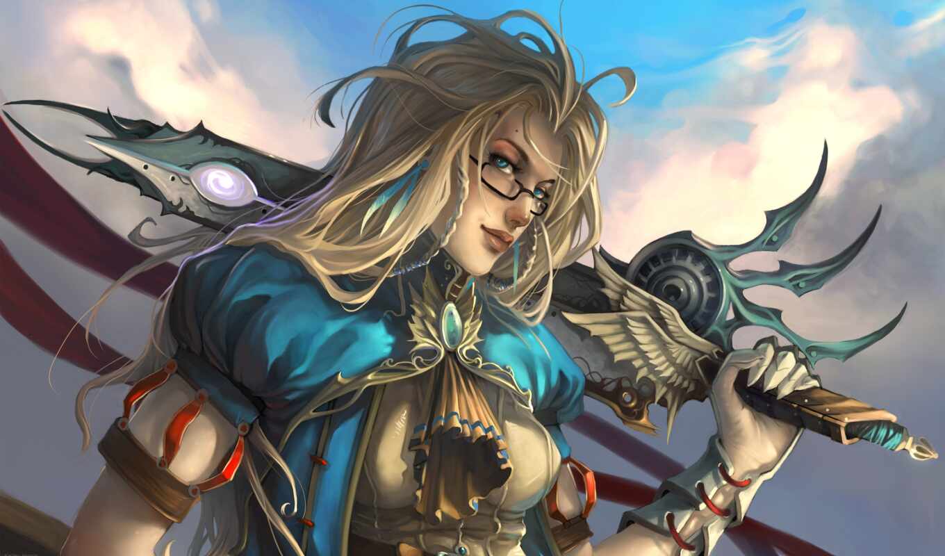 girl, warrior, glasses, fantasy, through, sword, long hair