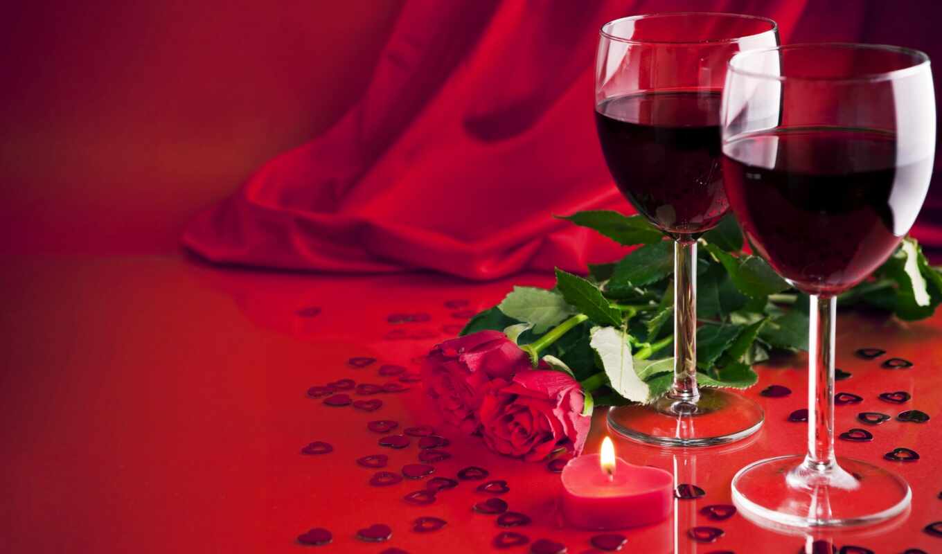 красные, вино, сердечки, розы, два, разных, красного, вина, бокала