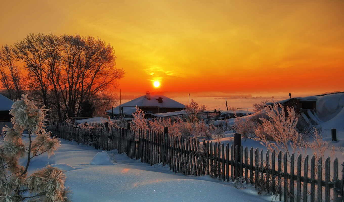 house, sunset, snow, winter, different, Russian, daily, village, beautiful