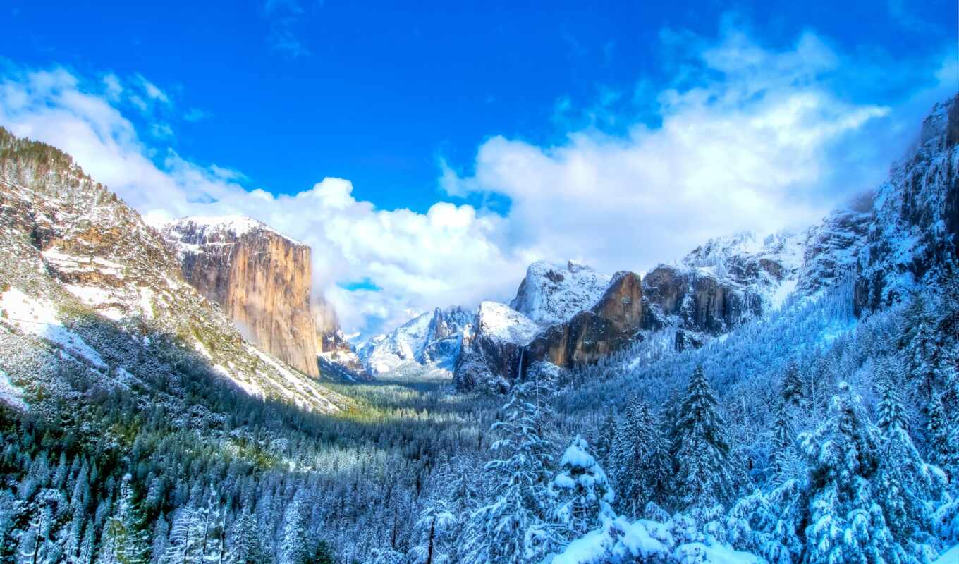 nature, sky, snow, winter, landscape, USA, park, fir, yosemite, mountains