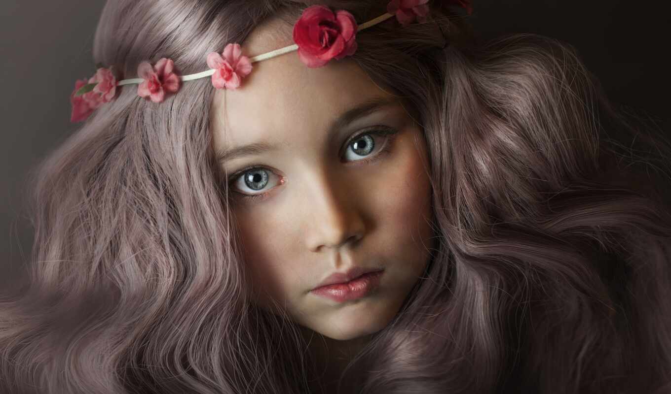 photo, flowers, girl, hair, color, kid
