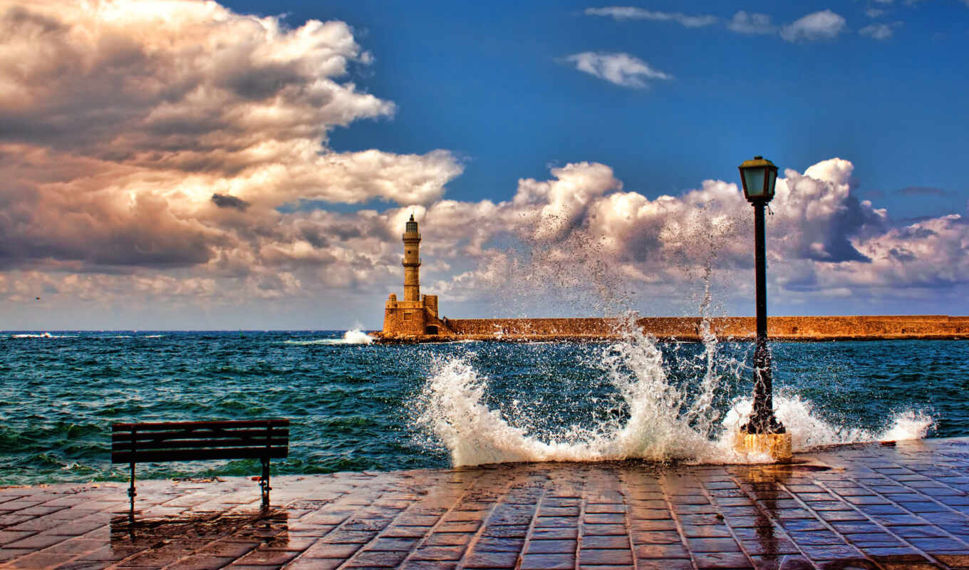 summer, beautiful, sea, lighthouse, splashes, different, bench, lantern, cloud, waves