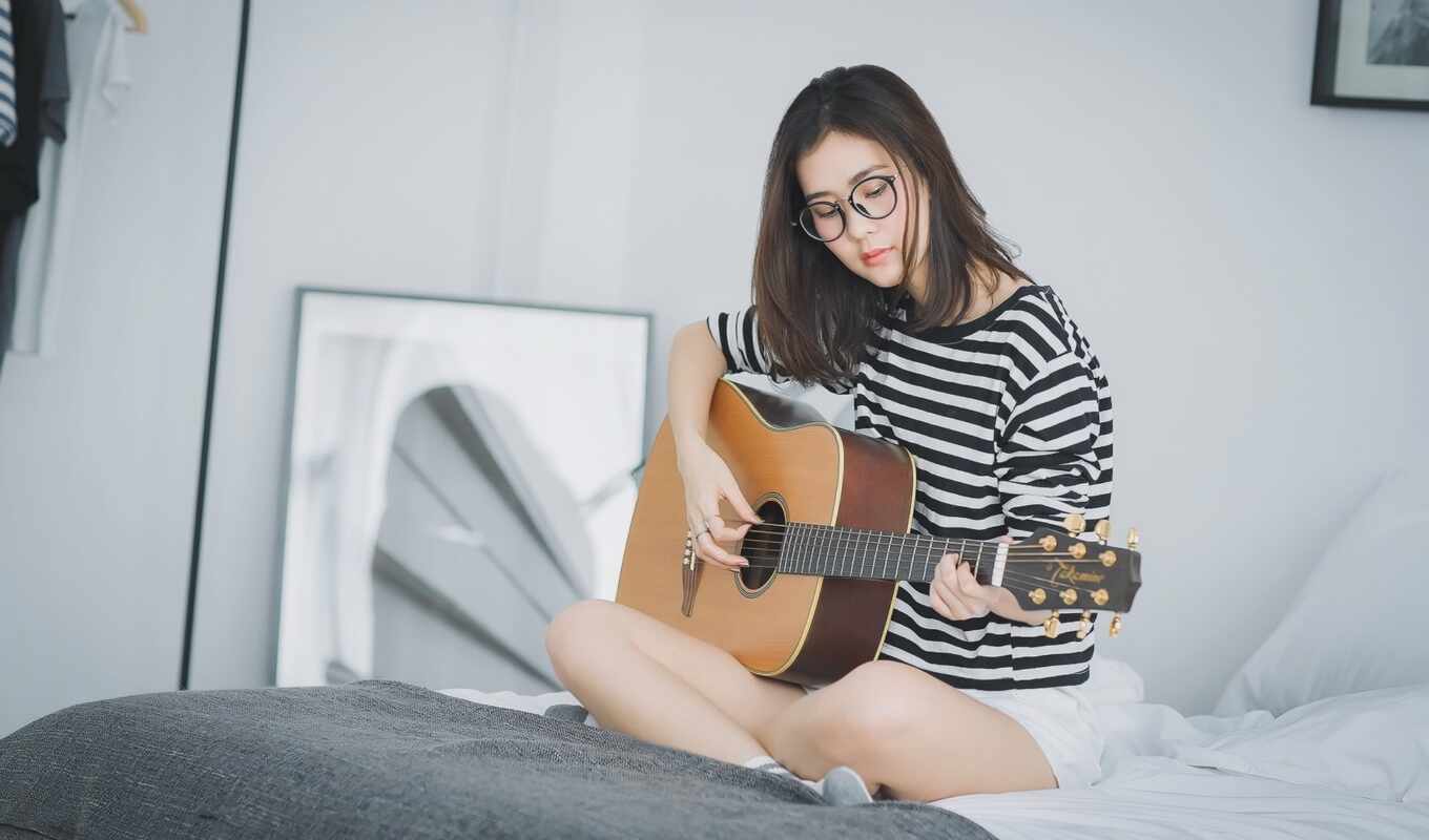 desktop, girl, play, guitar, girls, bed, asian, glasses, sit