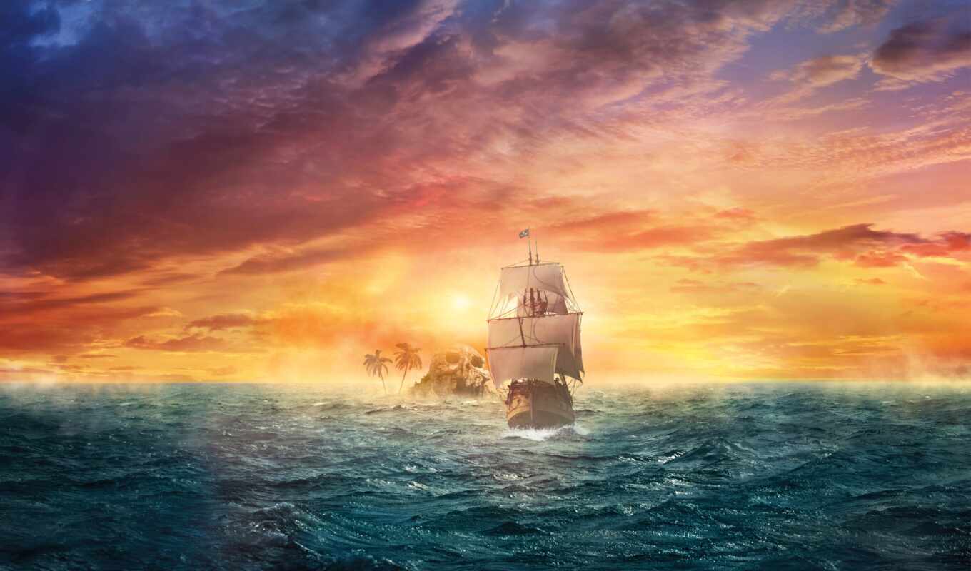 sunset, ship, beach, island, ocean, pirates, pirate, user