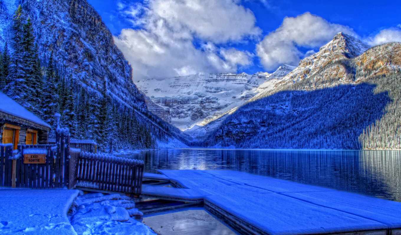 lake, snow, winter, mountain, Canada, park, national, banff, albert