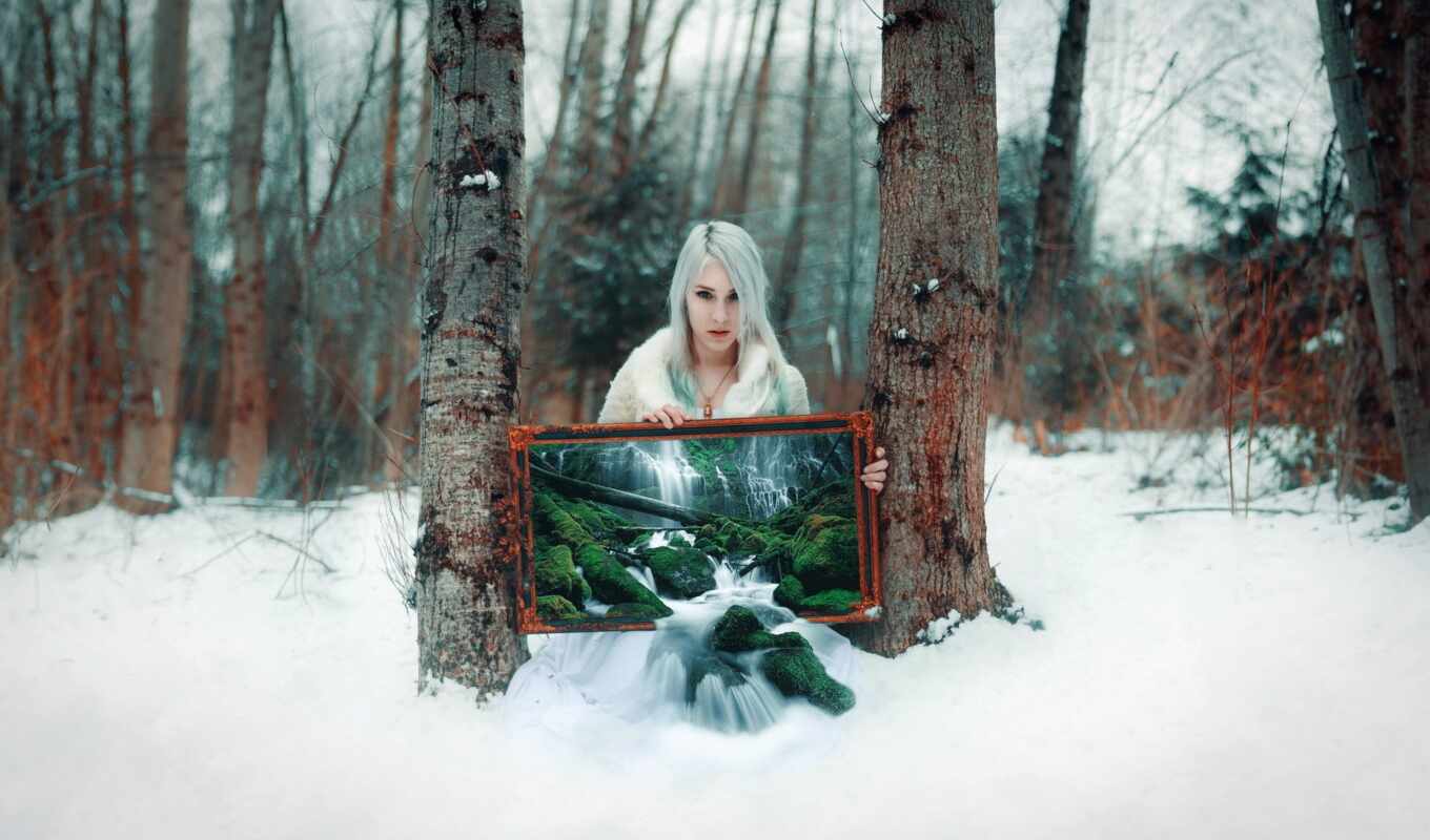 девушка, картинка, снег, winter, лес