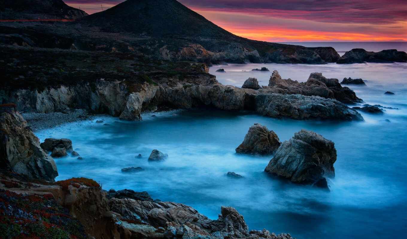 sunrise, mountain, rock, sea