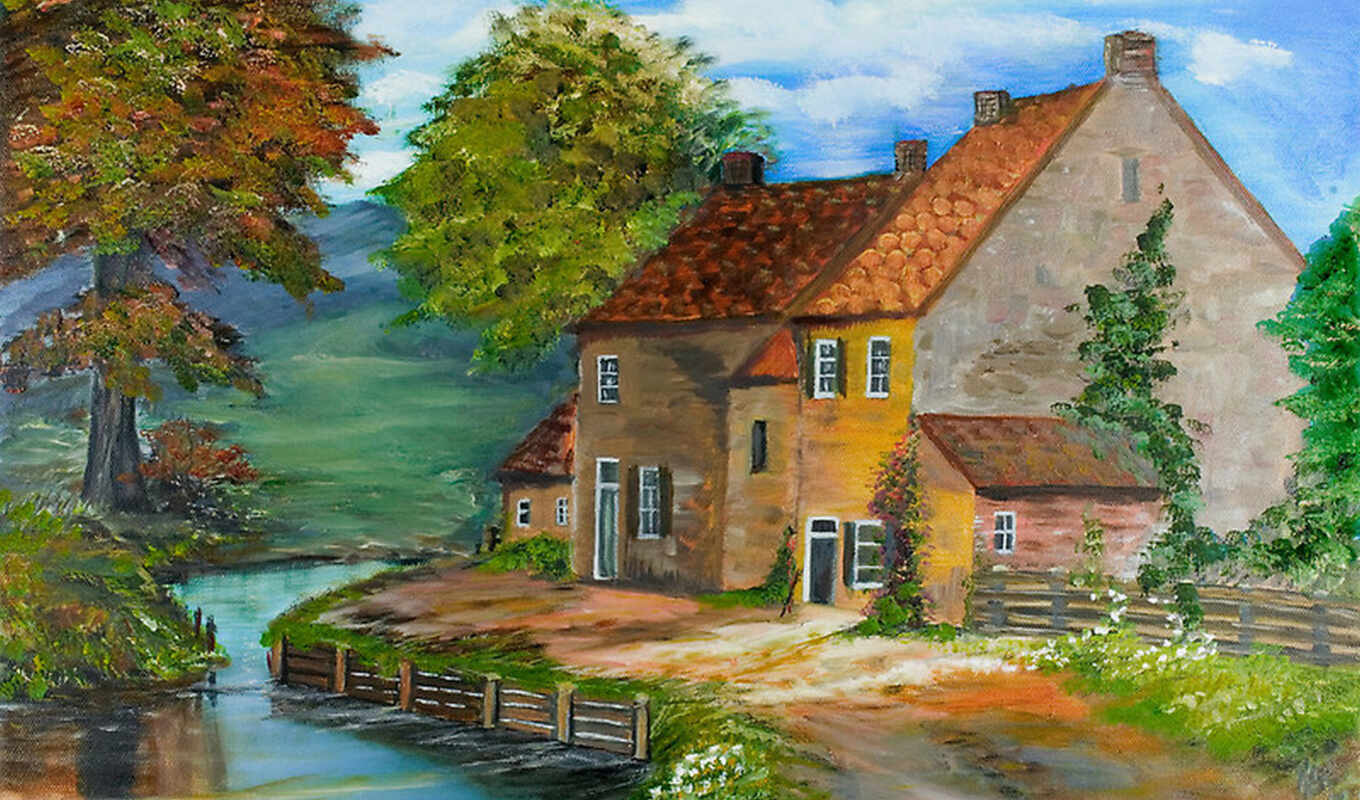 art, house, paint, landscape, painting, river, wooden, tulip, lepoidevin, kenneth