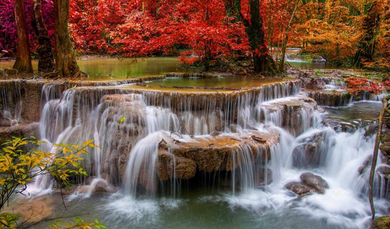 природа, осень, стену, водопад, водопады, фотообои