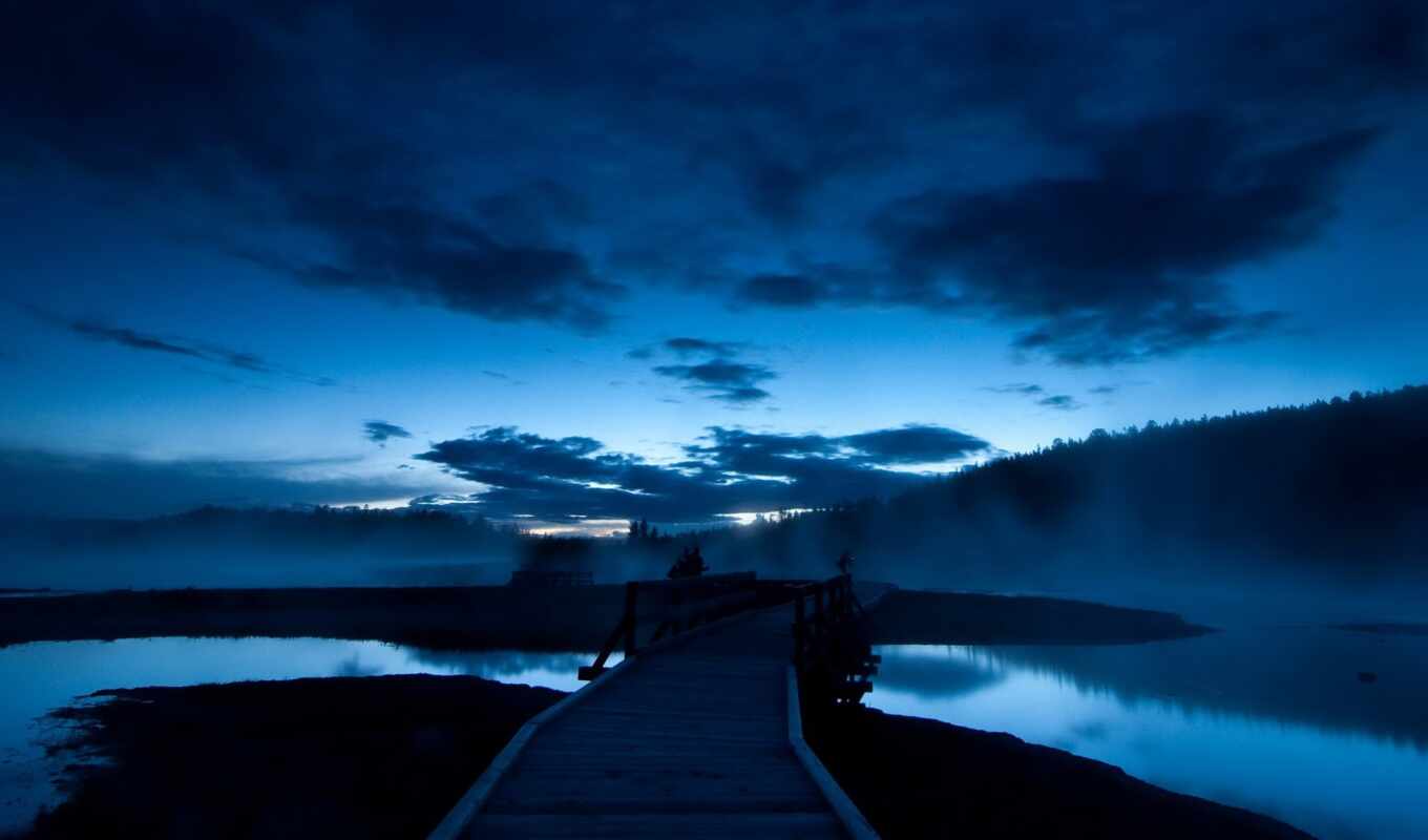 озеро, blue, ночь, мост, landscape, dark, dusk