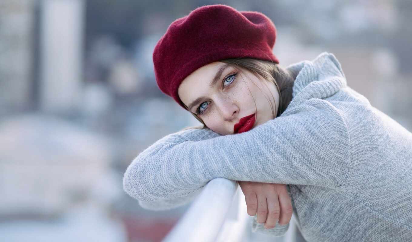 hat, blue, woman, eye, red, model, lipstick