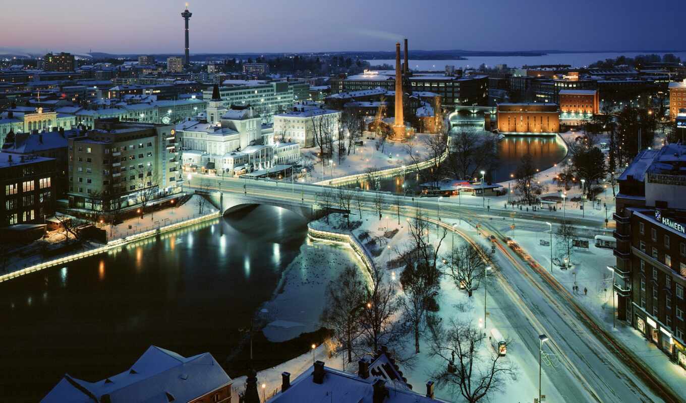 город, ночь, снег, winter, мост, москва, река, travel, финляндия, тампере