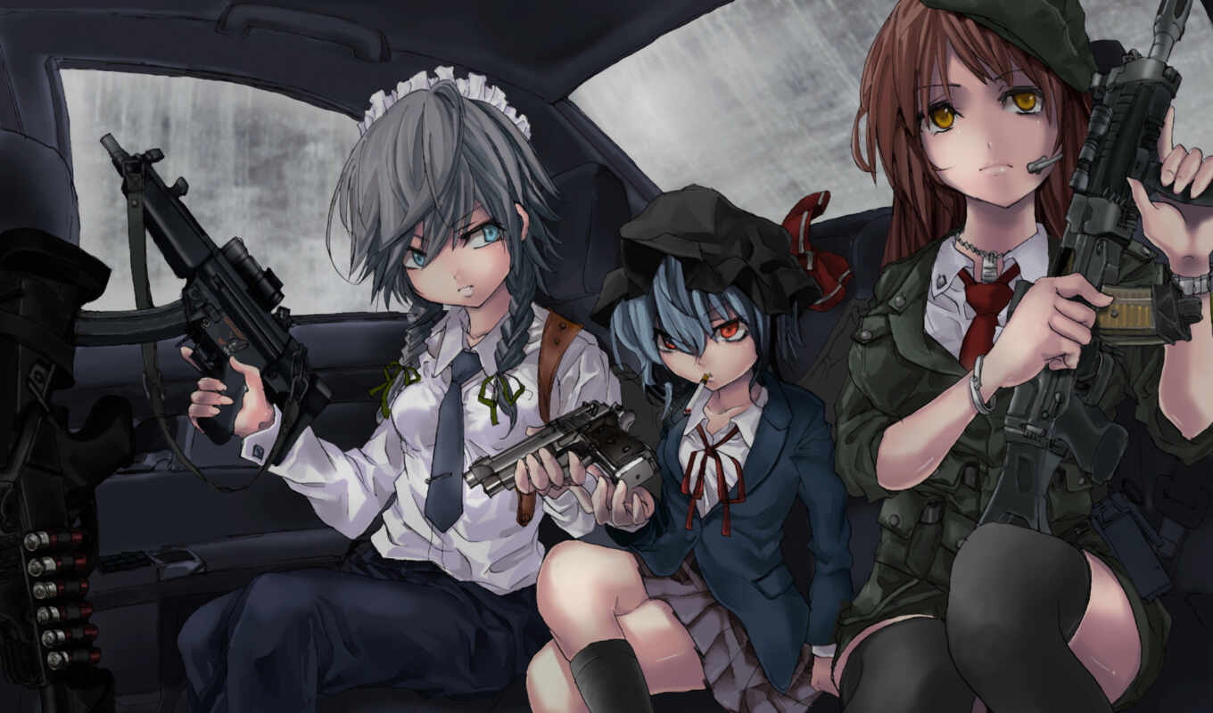 подборка, девушка, anime, девушки, оружие, огнестрельное оружие