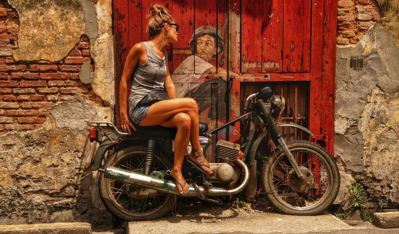 девушка, женщина, мотоцикл, креатив, город, улица, ко, дверь, wanita, sepeda