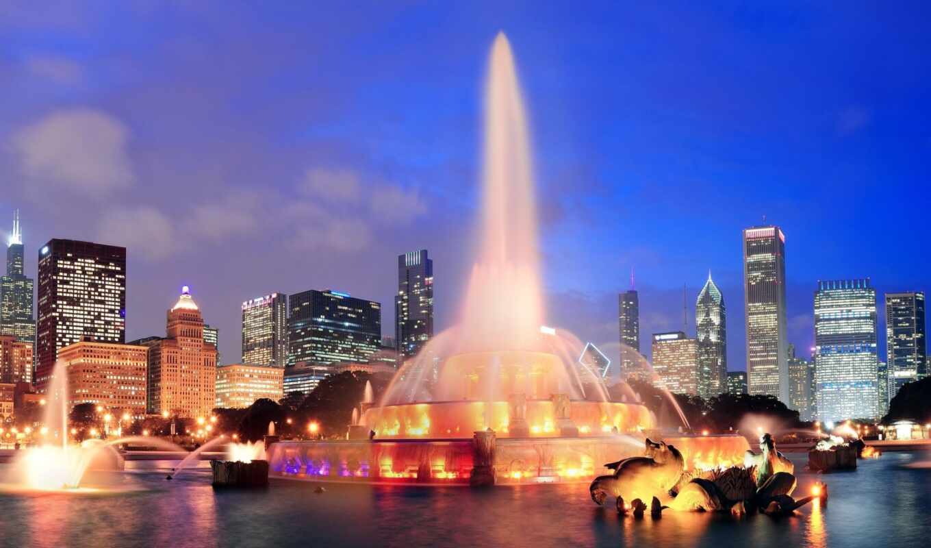 город, architecture, fountain, chicago