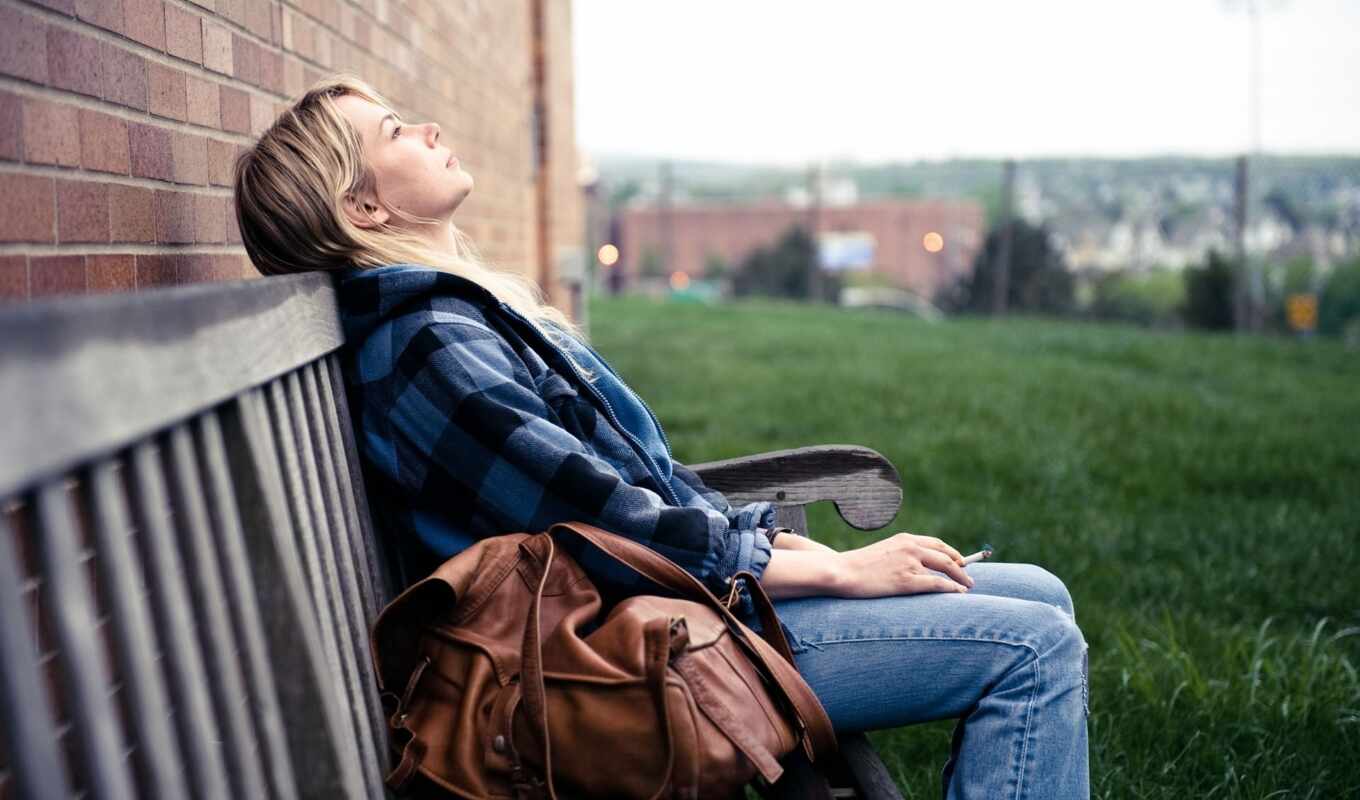 view, girl, picture, blonde, bag, bench, situation