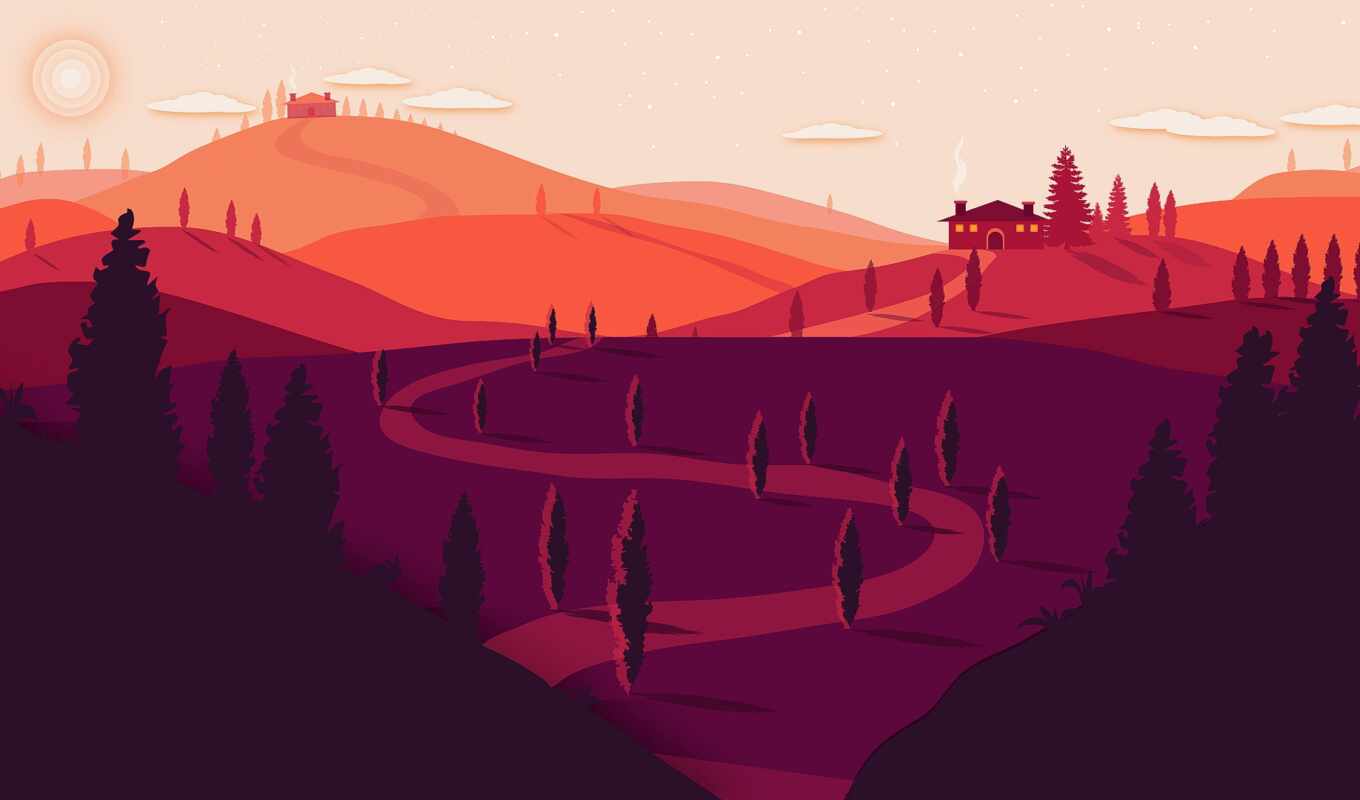 summer, vector, red, sunset, mountain, landscape, super, minimalism, hill, path, art