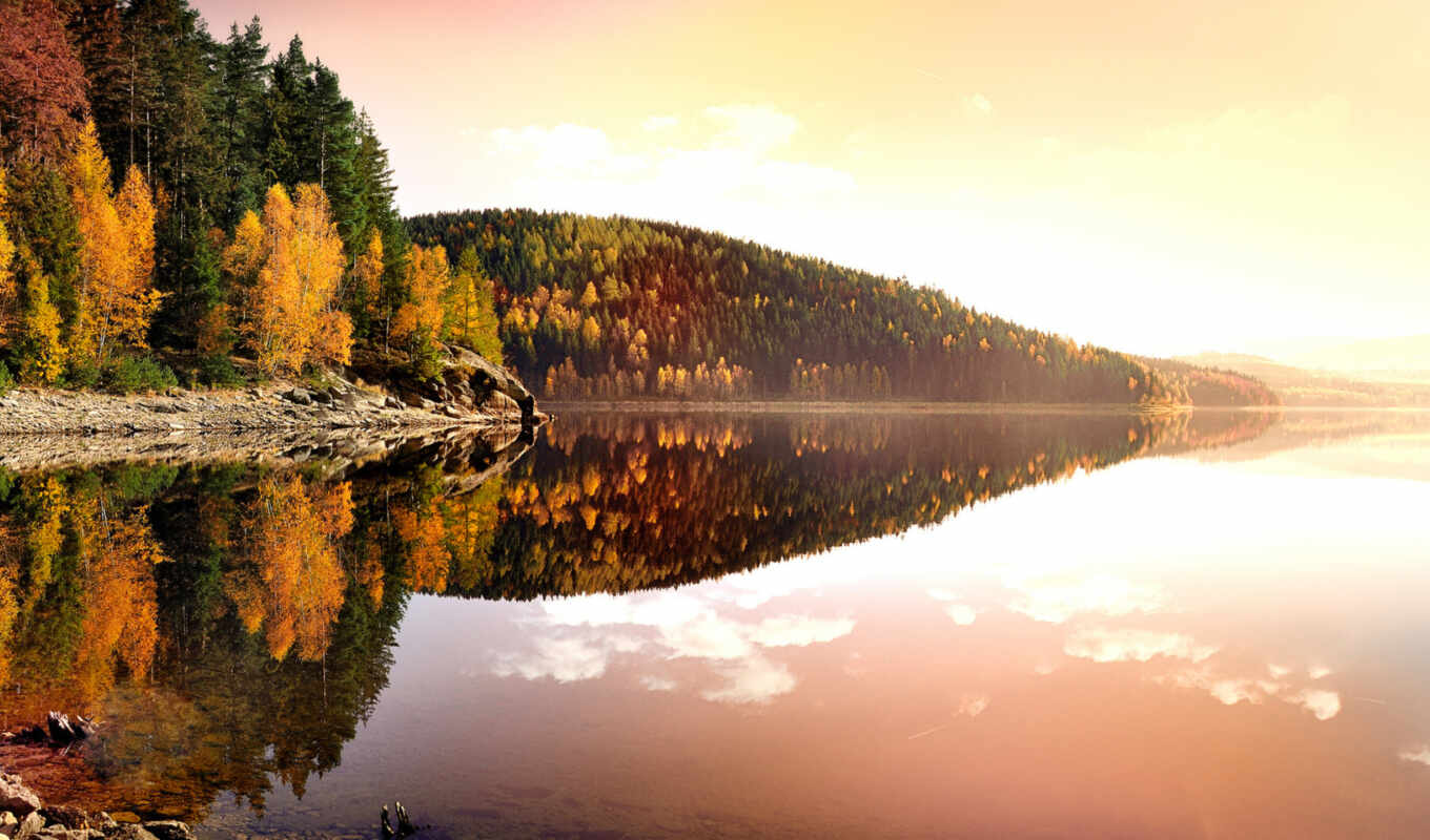 озеро, природа, дерево, закат, water, гора, landscape, германия, осень, отражение, fore