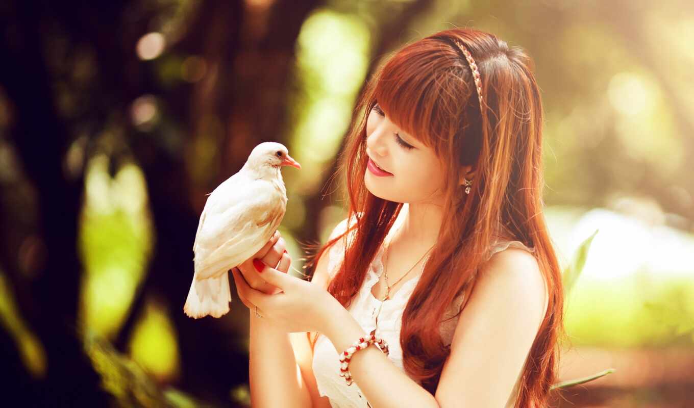 girl, white, red, hair, asian, bird, dive, paloma, cleave