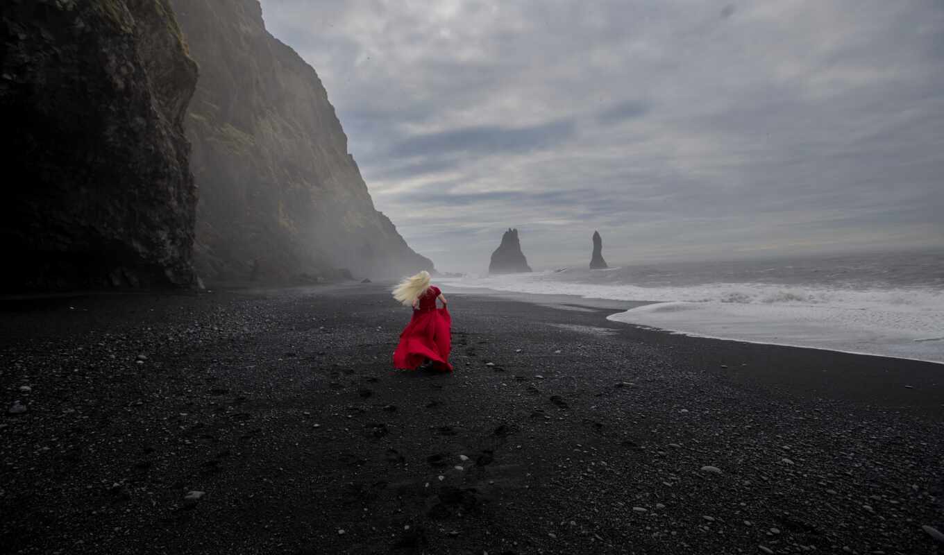girl, woman, red, blonde, sea, model, gallery, dress, iceland, rare